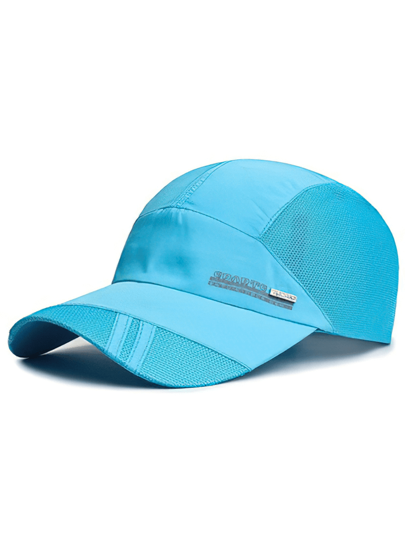 Blue sports mesh running baseball cap with breathable polyester and adjustable strap, perfect for outdoor activities and UV protection.