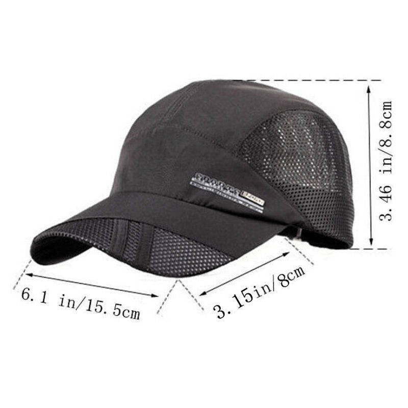 Black sports mesh running baseball cap with size dimensions and breathable polyester design, ideal for outdoor activities and UV protection.