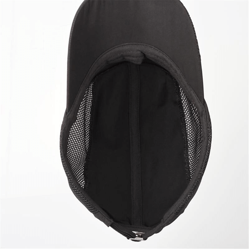 Top view of black sports mesh running baseball cap with breathable polyester and adjustable strap for outdoor activities.