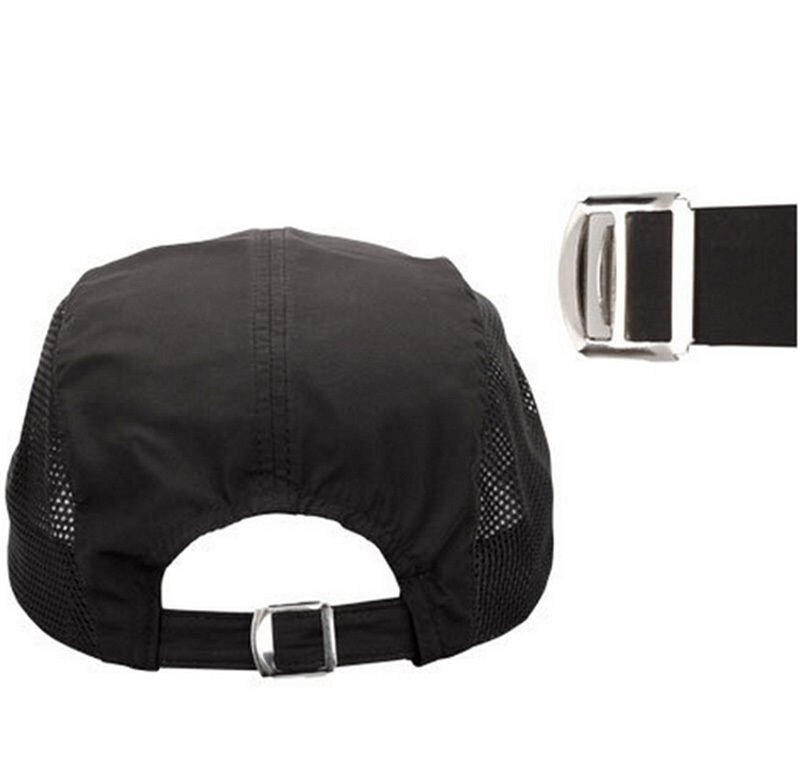 Back view of black sports mesh running baseball cap with adjustable strap, perfect for outdoor activities and UV protection.