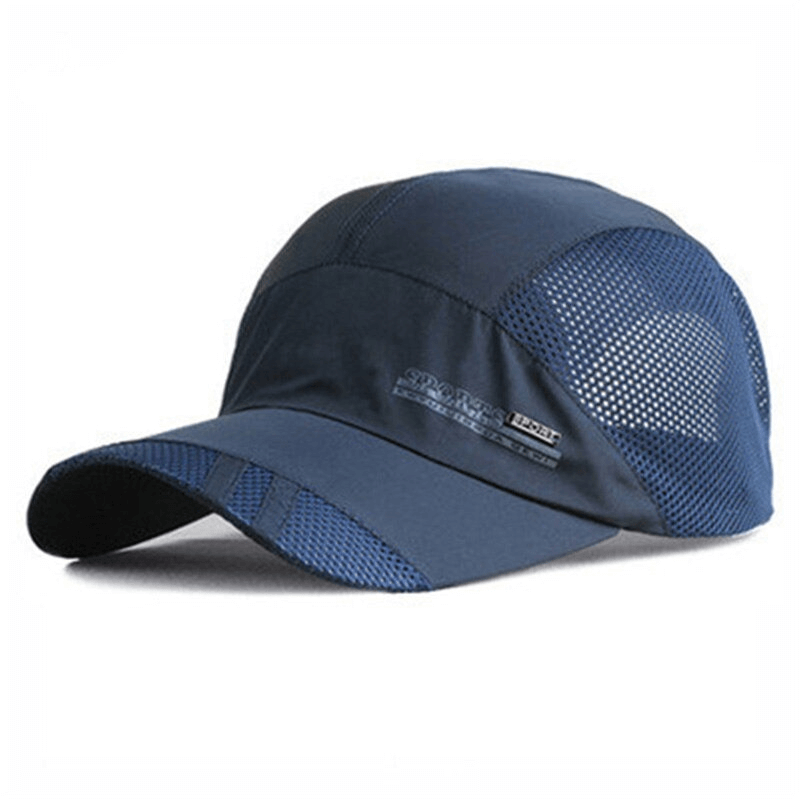 Navy blue sports mesh running cap with adjustable strap and sunshade, perfect for outdoor activities, offering comfort and UV protection.
