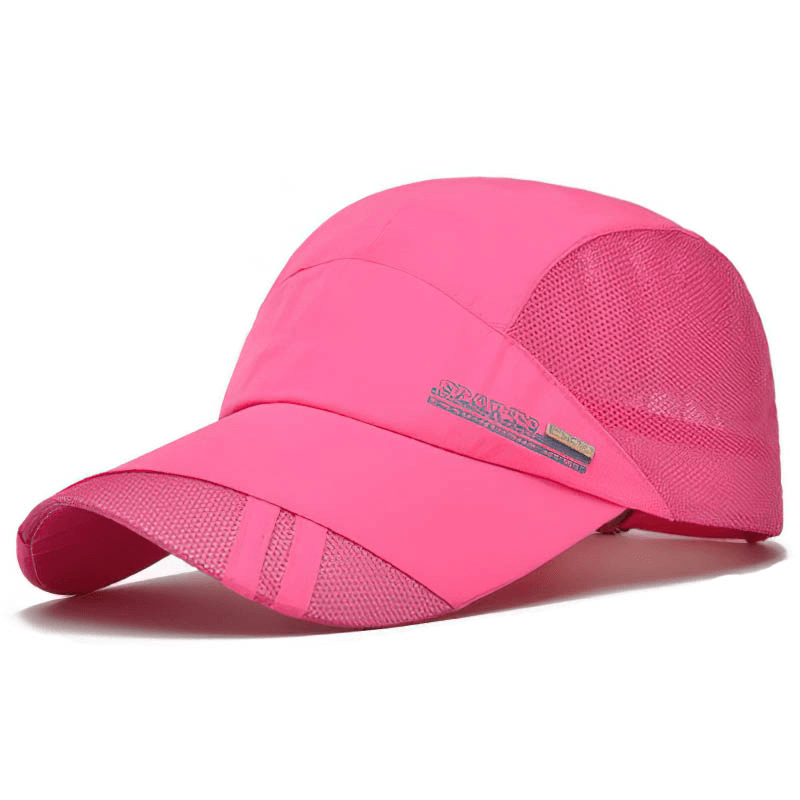 Bright pink sports mesh running baseball cap with visor; unisex design for outdoor activities, UV protection, adjustable fit, breathable.