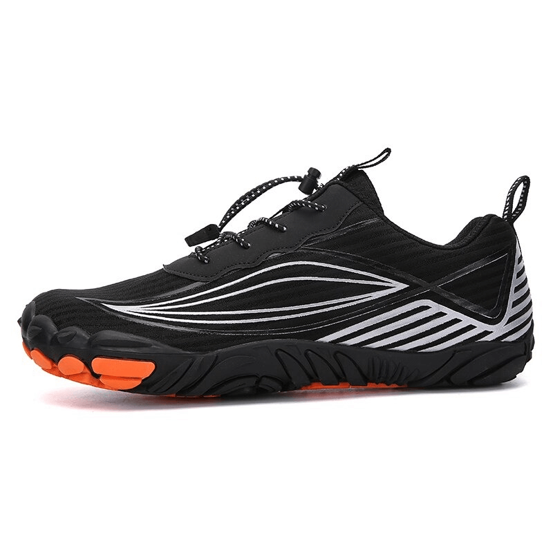 Sneakers side view: Sports Mountain Bicycle Sneakers with lightweight sole in black and orange, featuring durable rubber outsole - SF0512.