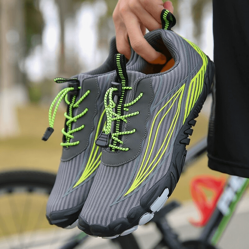 Sports Mountain Bicycle Sneakers SF0512, aqua shoes with lightweight sole, grey and neon green design, for outdoor adventures.