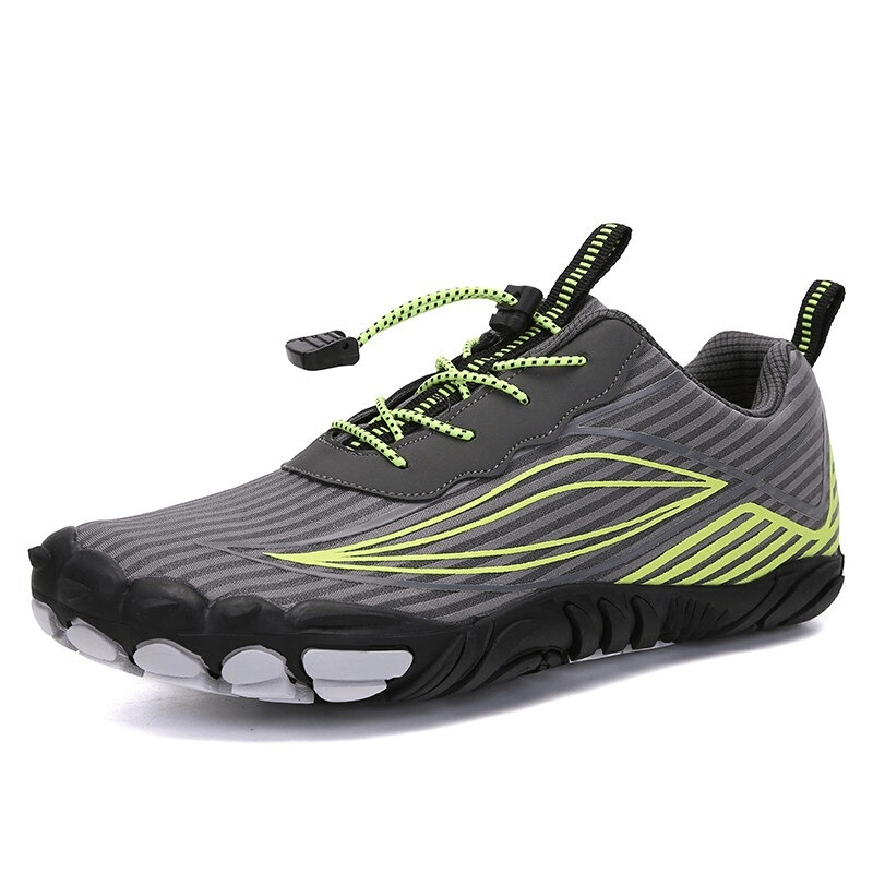 Mountain bicycle aqua sneaker with lightweight sole, nylon upper, and rubber outsole in gray and neon green.
