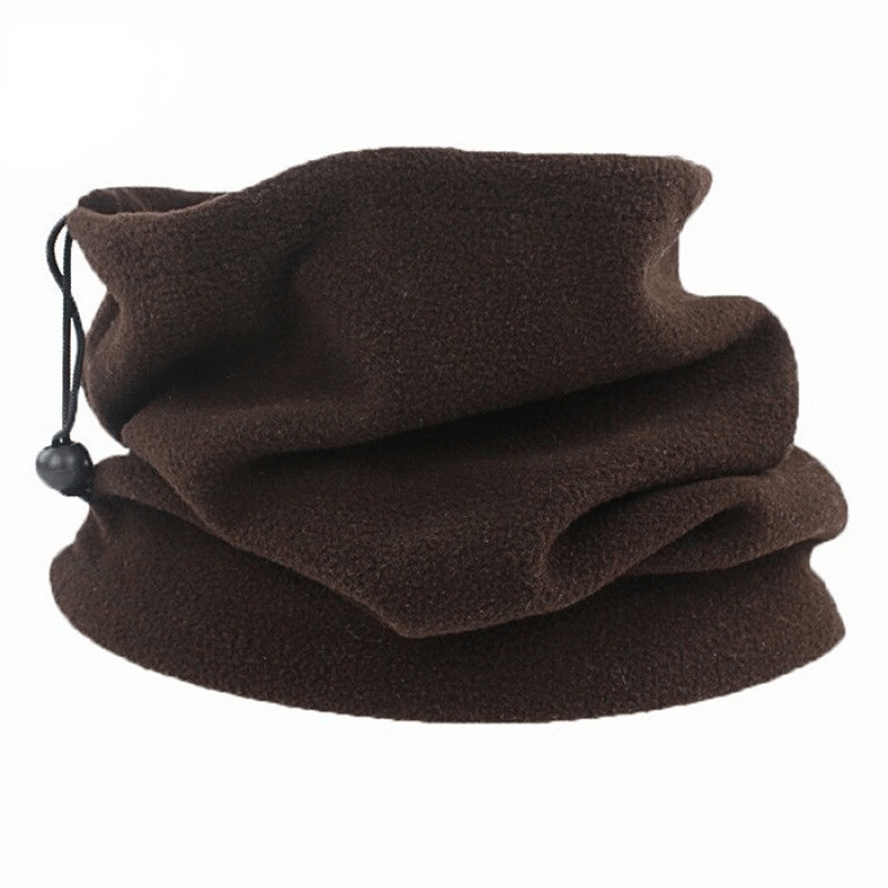 Brown polar fleece neck cover with drawcords, ideal for hiking and outdoor activities. Unisex design, moisture-wicking and heat-retaining.