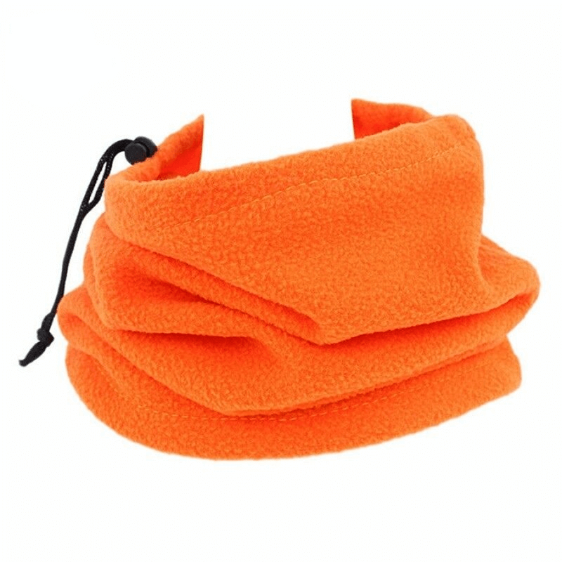 Bright orange drawcord polar fleece neck cover for outdoor sports, hiking, and running, offering warmth and moisture-wicking properties.