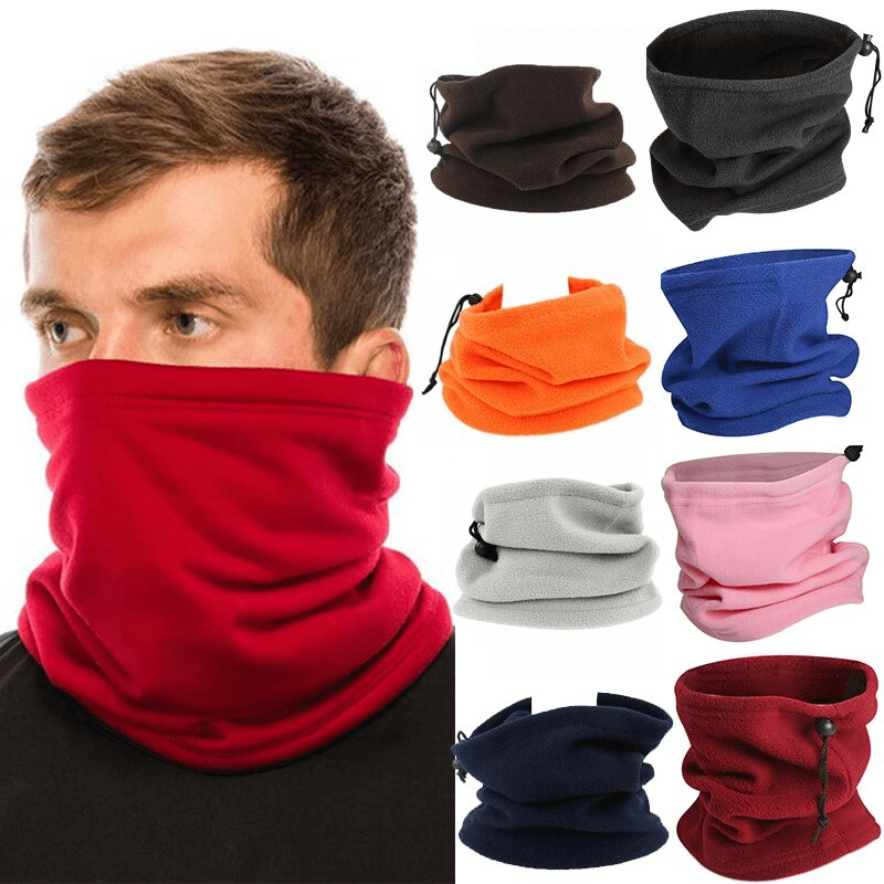 Colorful multi-function polar fleece neck covers with drawcords, ideal for warmth during sports and outdoor activities.