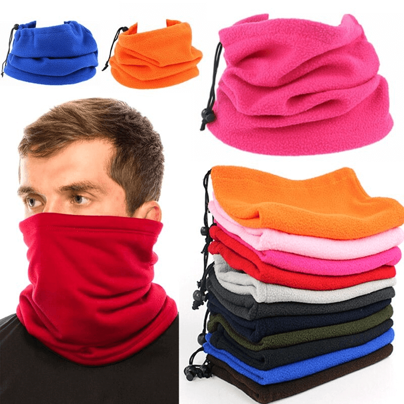 Colorful unisex drawcord polar fleece neck covers for sports and outdoor activities, showcasing various colors and adjustable design.