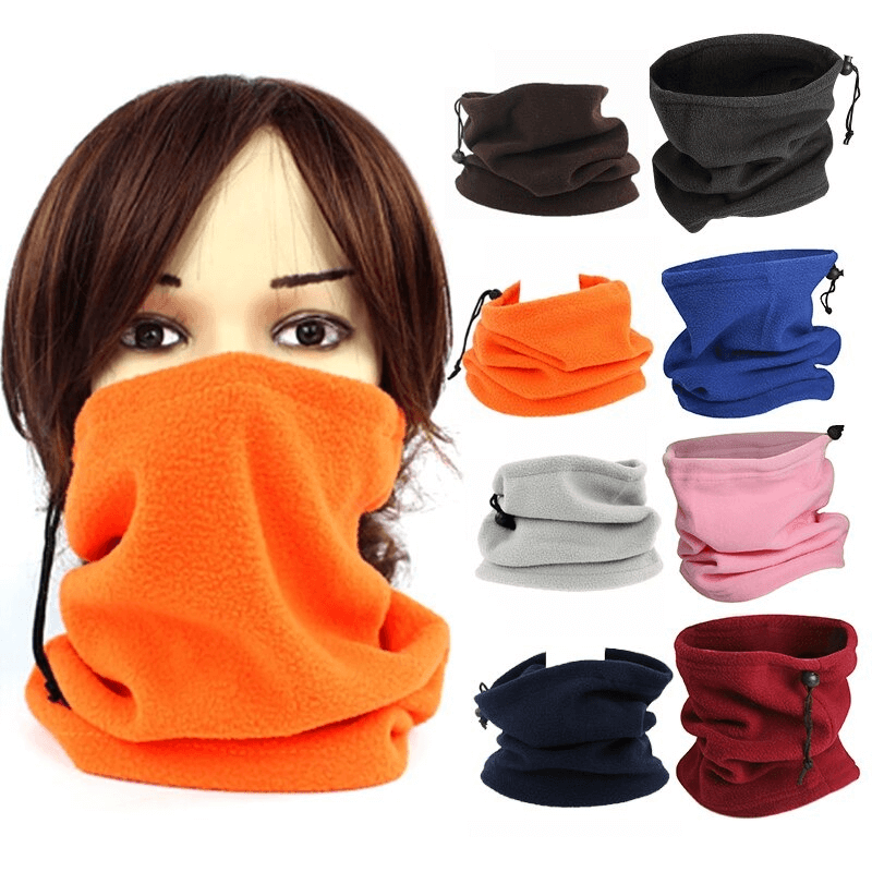 Various colors of sports multi-function polar fleece neck covers with drawcords for outdoor activities.