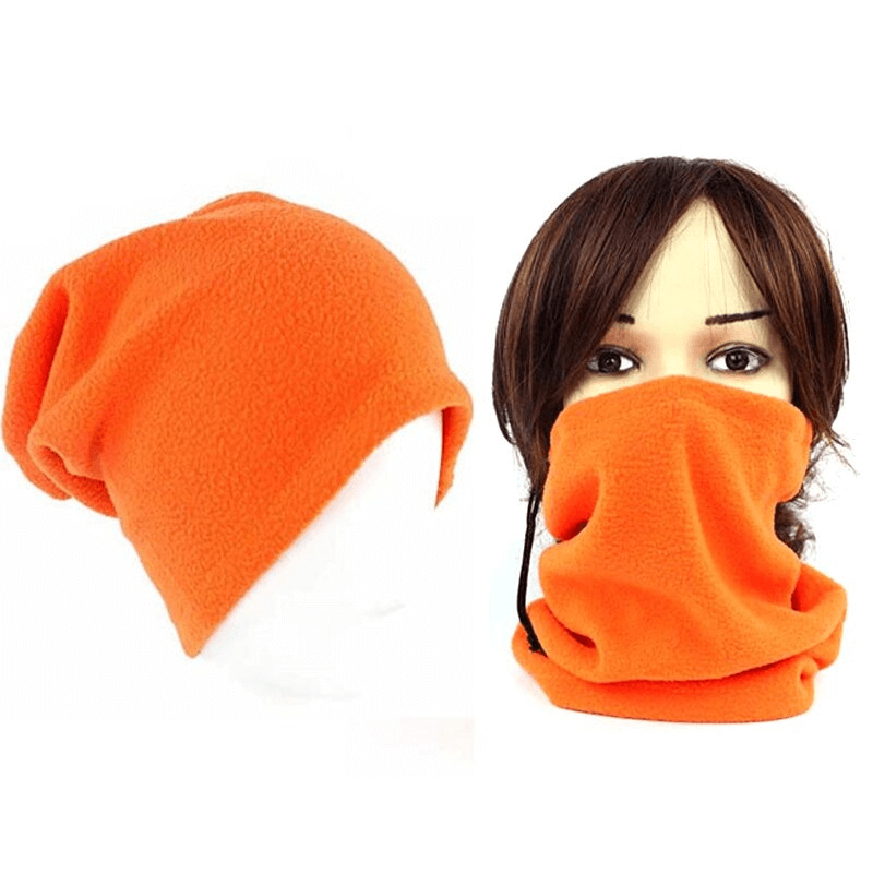 Orange polar fleece neck cover and hat combo for outdoor sports, featuring adjustable drawcord for a snug fit.