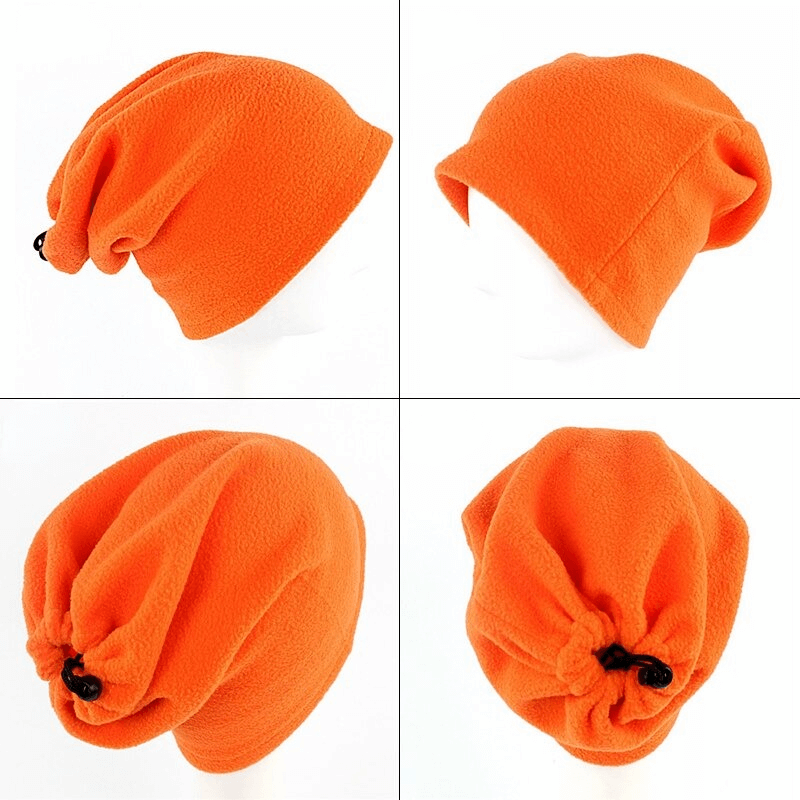 Orange drawcord polar fleece neck cover with multiple function views, perfect for outdoor sports, hiking, and running.