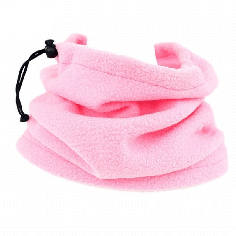 Pink drawcord polar fleece neck cover for sports, hiking, and outdoor activities. Moisture-wicking unisex design, SF0580.