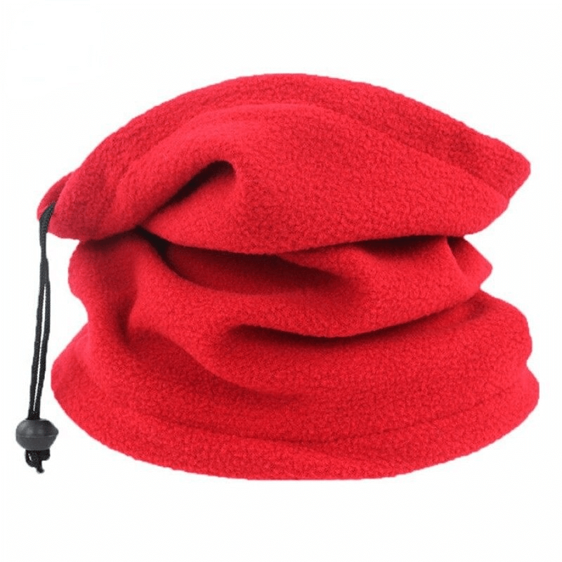 Red polar fleece neck cover with drawcord, perfect for outdoor sports. Stay warm with moisture-wicking polyester. Unisex style SF0580.