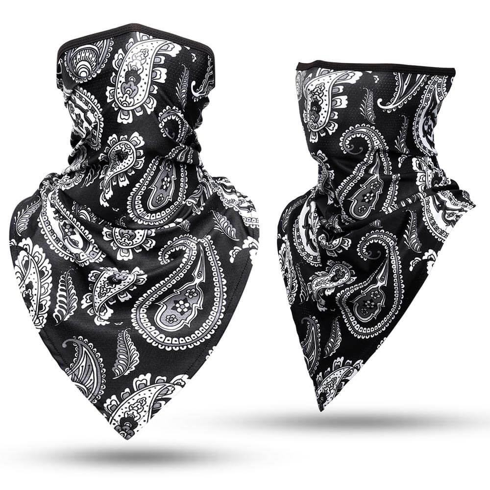 Black paisley print sports neck gaiter for cycling, offers UV protection, dustproof, windproof features for outdoor enthusiasts.