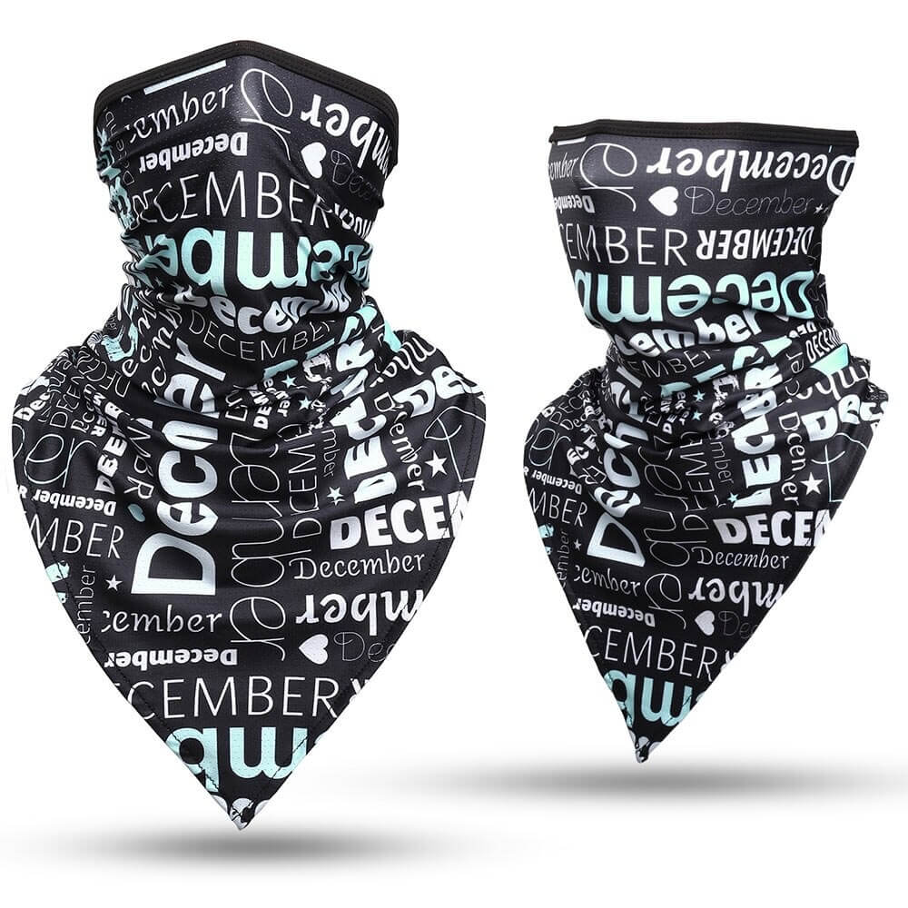 Stylish black sports neck gaiter with printed words, perfect for cycling and outdoor activities. UV protection and breathable fabric.