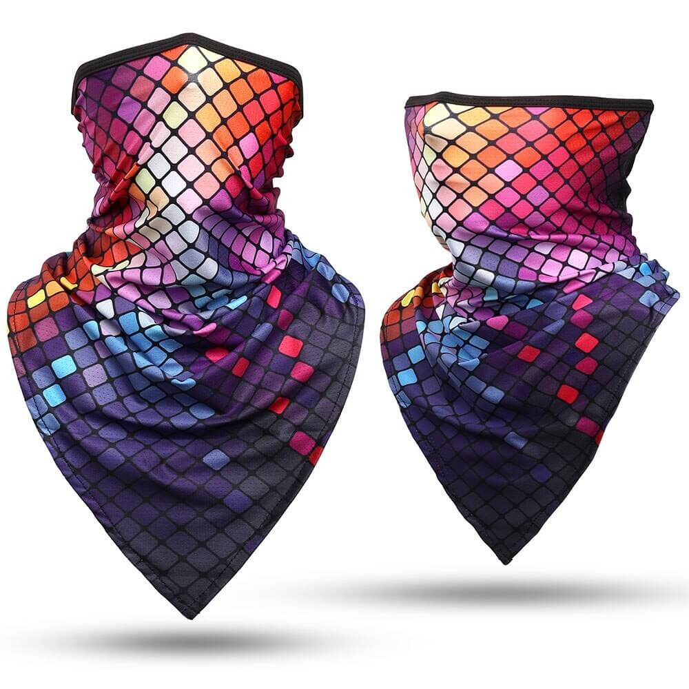 Colorful sports neck gaiter with geometric print, UV protective and breathable for cycling and outdoor activities.