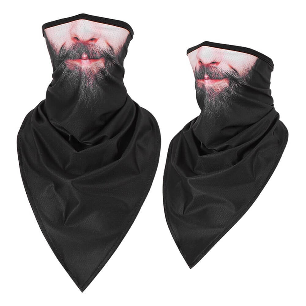 Black sports neck gaiter with beard print, ideal for cycling and outdoor activities, offering UV and dust protection.