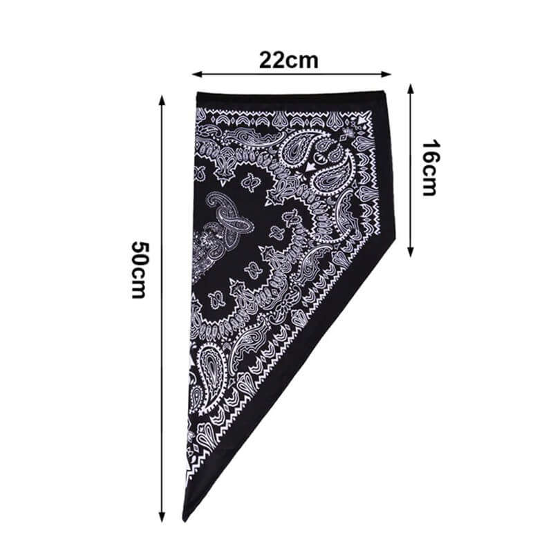 Black and white paisley print neck gaiter measuring 50cm by 22cm, ideal for cycling with UV protection and dustproof features.