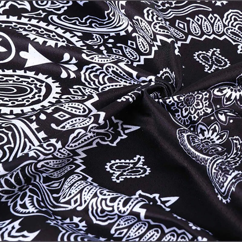 Black and white sports neck gaiter with intricate paisley pattern design, ideal for cycling and outdoor activities, SF0708 model.
