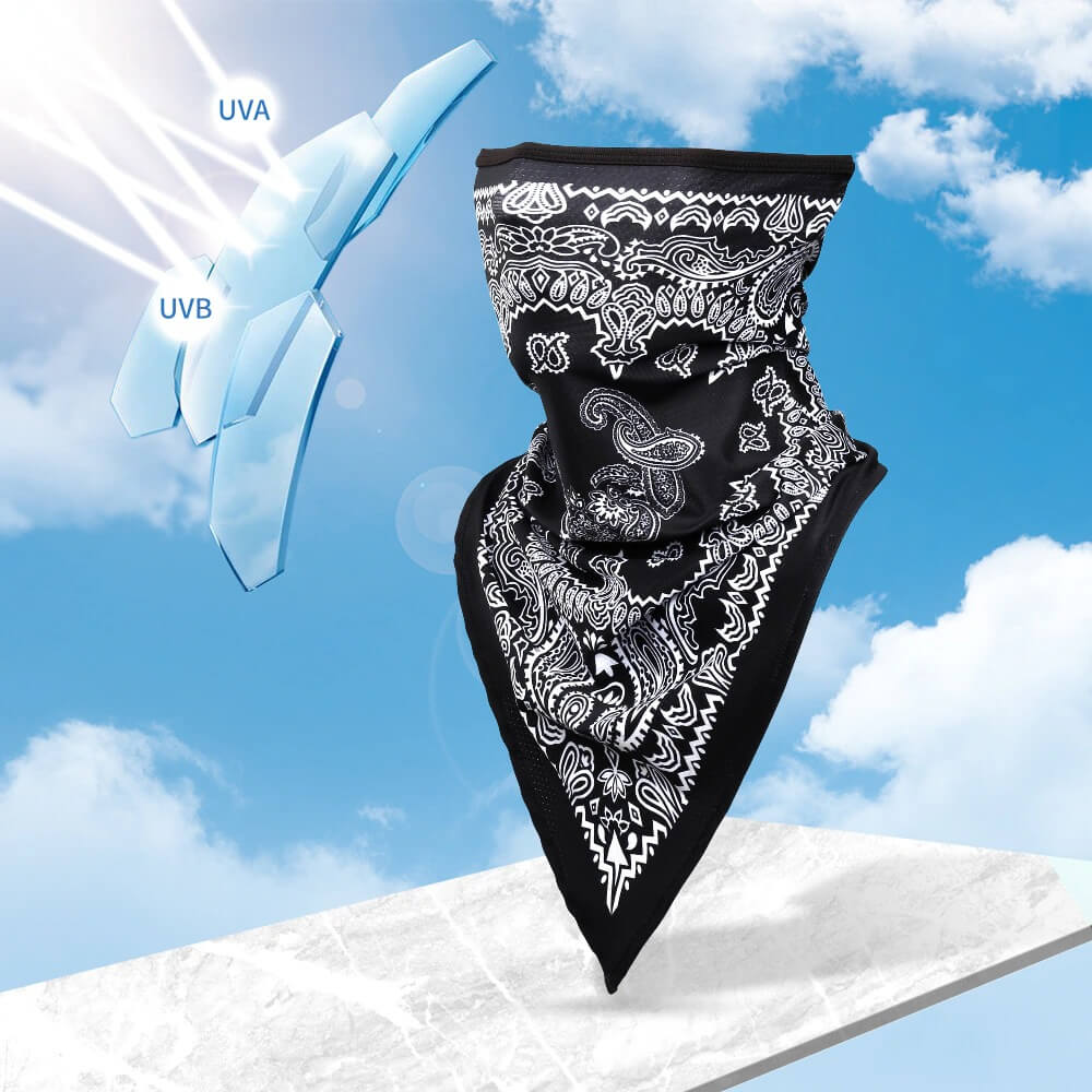 Black patterned sports neck gaiter offering UV protection against blue sky backdrop, perfect for cycling and outdoor activities.
