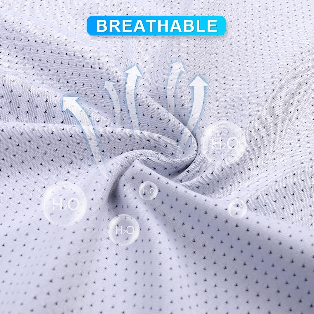 Close-up of breathable fabric for sports neck gaiter and cycling face mask, featuring moisture-wicking technology and UV protection.
