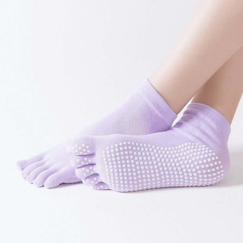 Purple non-slip five-toe socks for women, perfect for yoga and fitness, featuring quick-drying fabric and durable design.