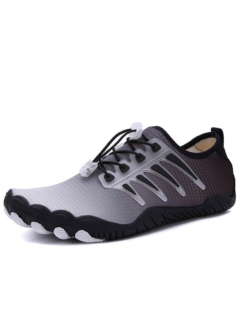 Sporty gray swimming shoe with black non-slip rubber sole and adjustable laces, designed for traction and quick drying.
