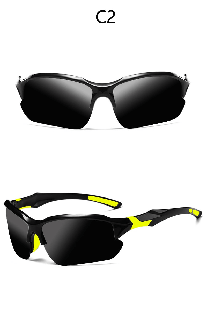 Sleek polarized sports sunglasses with black semi-rimless frames and mirrored lenses for driving and cycling.