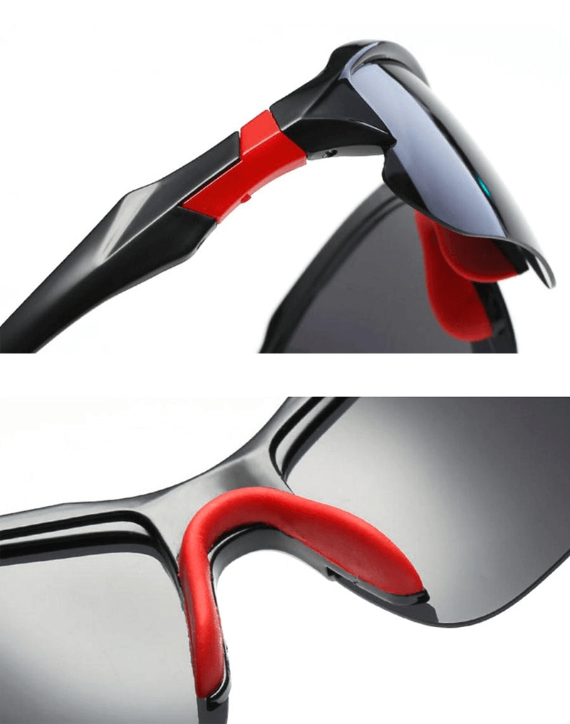 Close-up of sports polarized sunglasses with black semi-rimless frames and red padding. Ideal for driving and cycling. UV protection included.