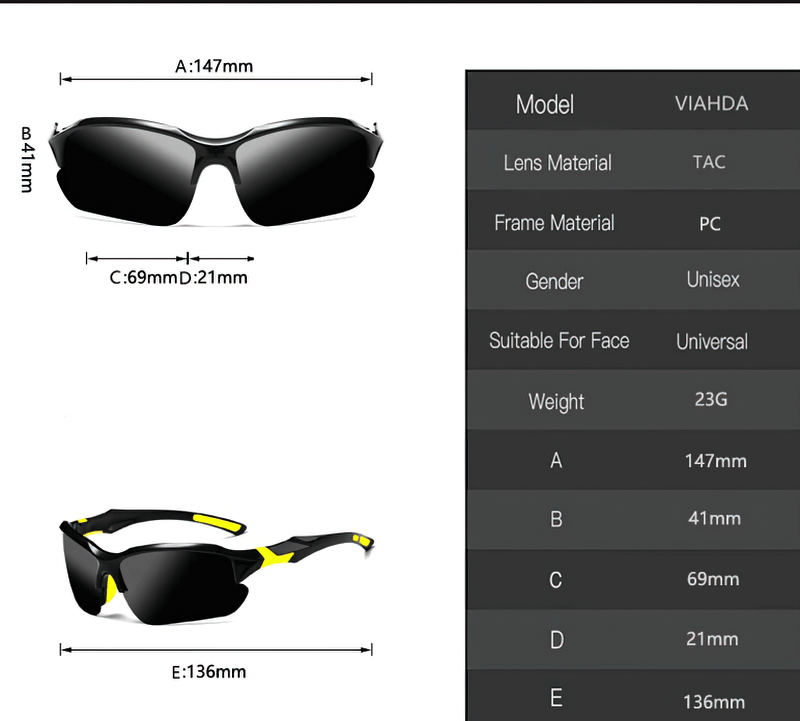 Sports Polarized Sunglasses Specs: Unisex, 23g, 147mm width, polycarbonate frame, TAC lens, ideal for driving/cycling.