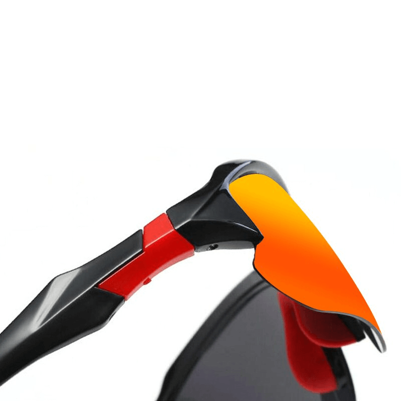 Sports polarized sunglasses with orange mirrored lenses for cycling and driving, featuring sturdy polycarbonate semi-rimless frames.
