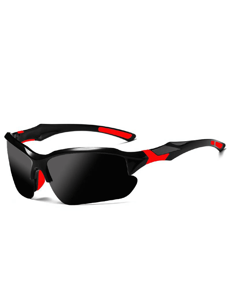 Stylish black and red sports polarized sunglasses SF0843 with semi-rimless frames, ideal for driving and cycling, offering UV protection.