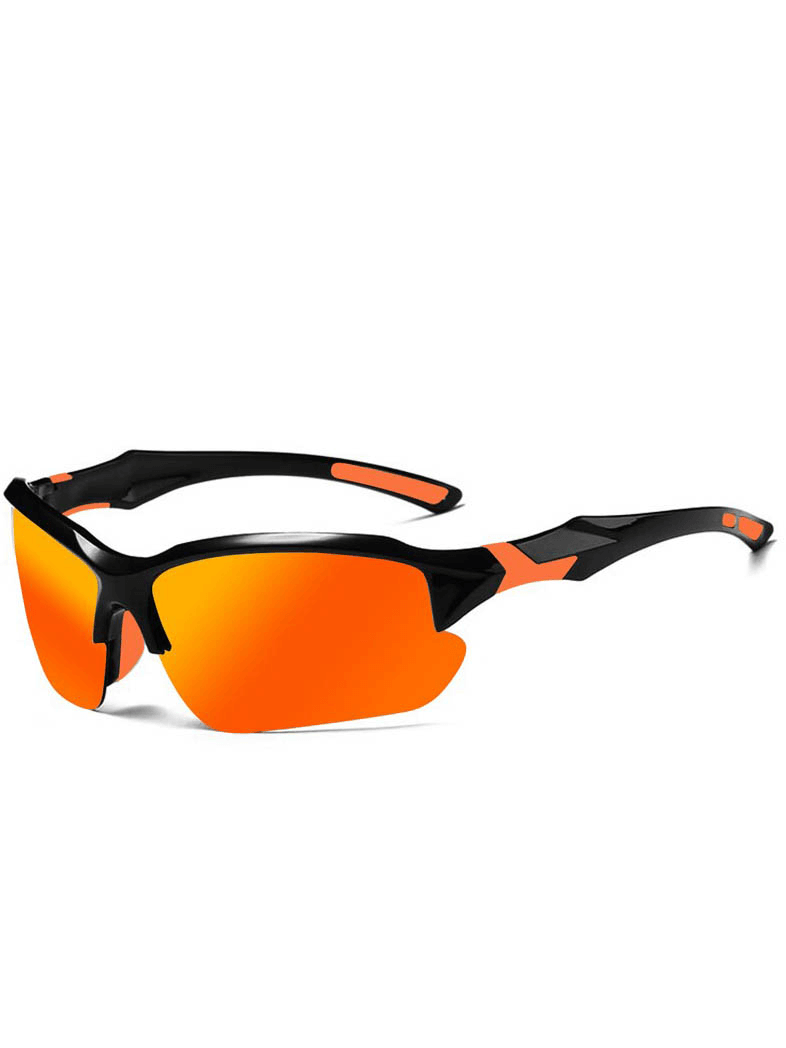 Orange mirrored polarized sports sunglasses for driving or cycling with semi-rimless black frame and UV protection.
