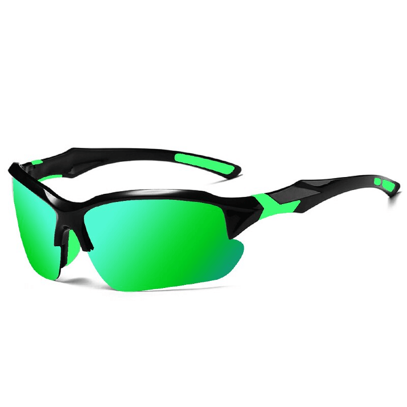 Sports Polarized Sunglasses SF0843 with green mirrored lenses for driving and cycling, semi-rimless design, UV protection.