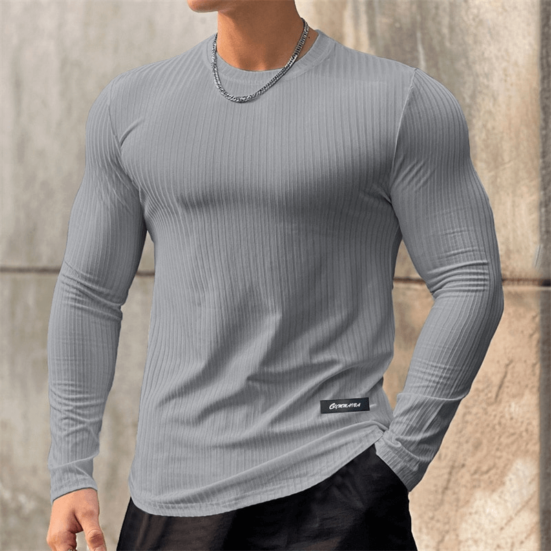 Men's Quick Dry Long Sleeve T-Shirt for the Gym in Gray with Ribbed Texture, O-Neck, and Stylish Fit - Perfect for Sports