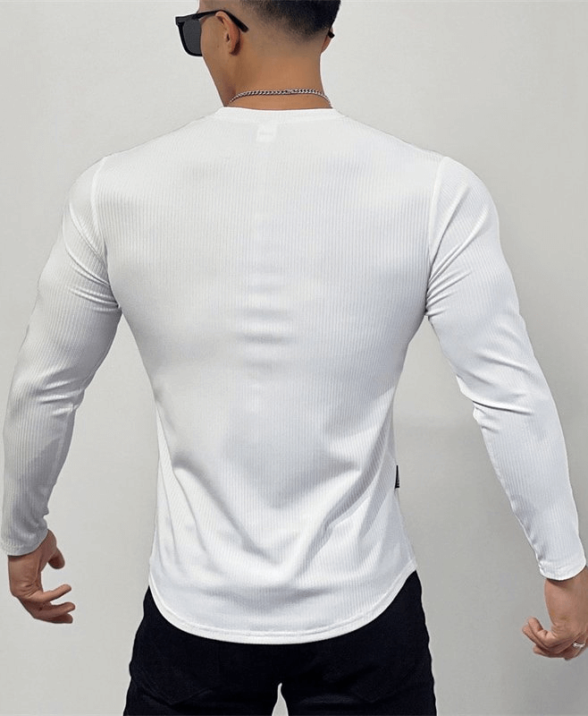 Back view of a man wearing a white sports quick-dry long sleeve t-shirt for the gym.