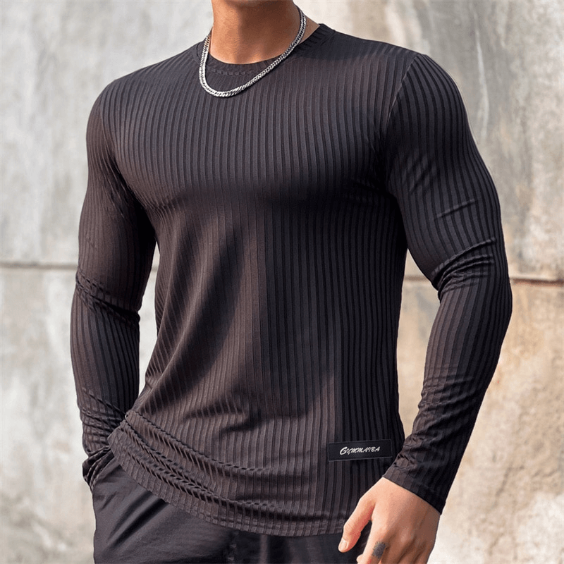 Sports Quick Dry Men's Long Sleeve T-Shirt SF1113 in black with striped pattern, perfect for gym workouts, shown on male model.