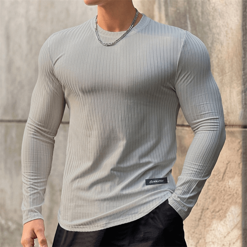Sports Quick Dry Men's Long Sleeve T-Shirt for Gym with striped pattern and O-neck collar, made from breathable spandex and polyester.