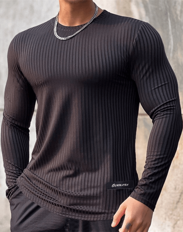 Stylish black quick-dry men's long sleeve gym t-shirt with O-neck and striped pattern, perfect for fitness comfort - SF1113