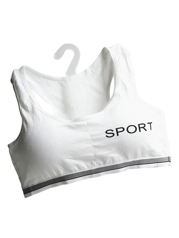 White sports quick-drying elastic top-bra with lining on hanger, perfect for training and staying comfortable during workouts.