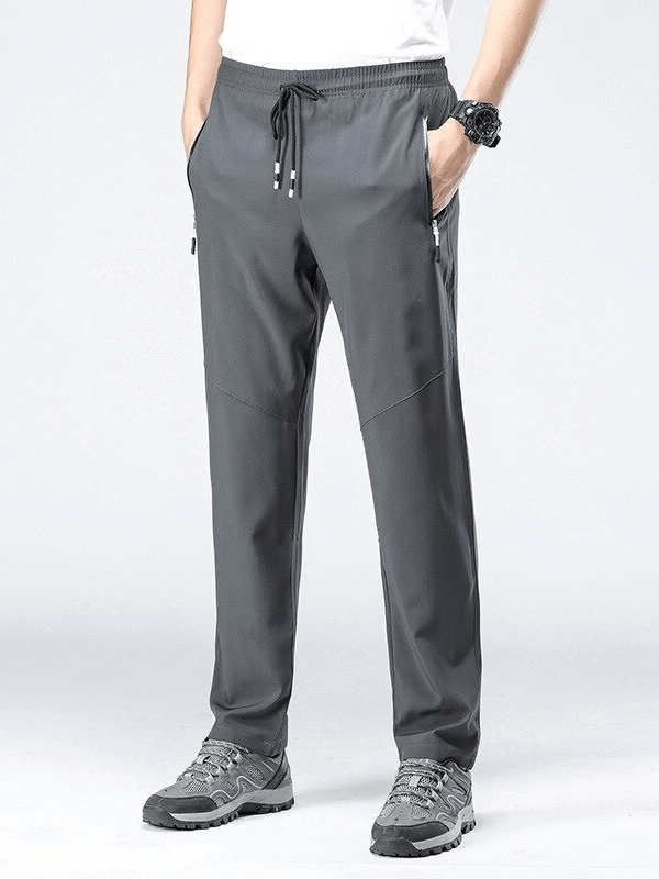 Sports Quick-Drying Men's Pants with Pockets, SF0228, gray, full length, elastic waist, breathable polyester for hiking or camping.