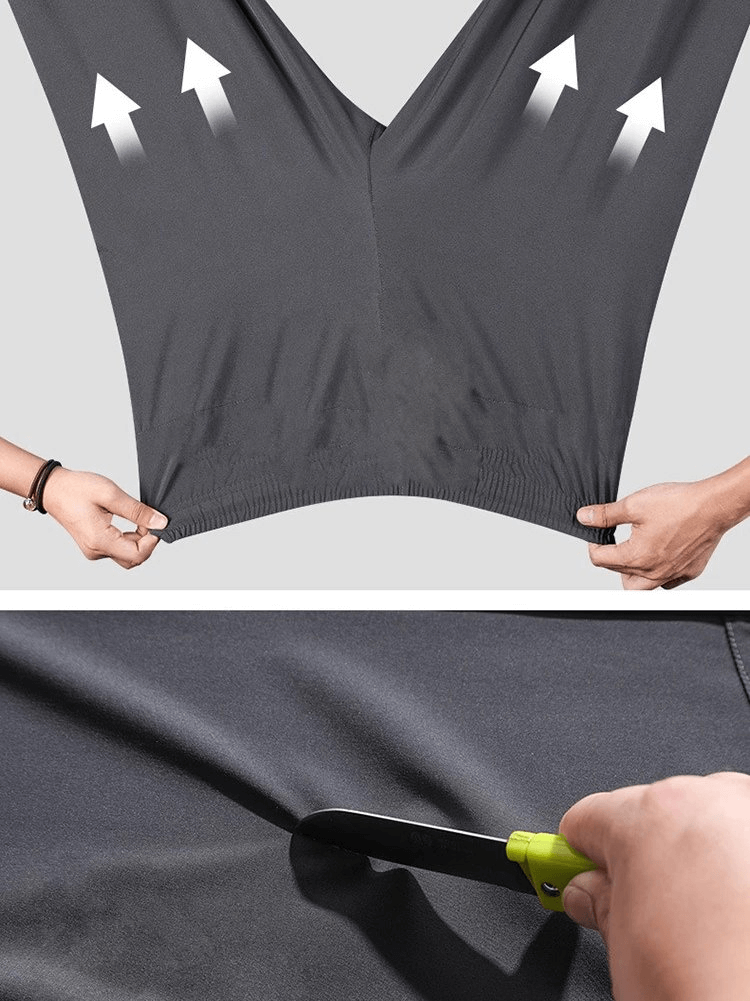 Stretchy quick-drying men's pants with elastic waist and durable protection, ideal for hiking and camping. Features arrow design and knife test.
