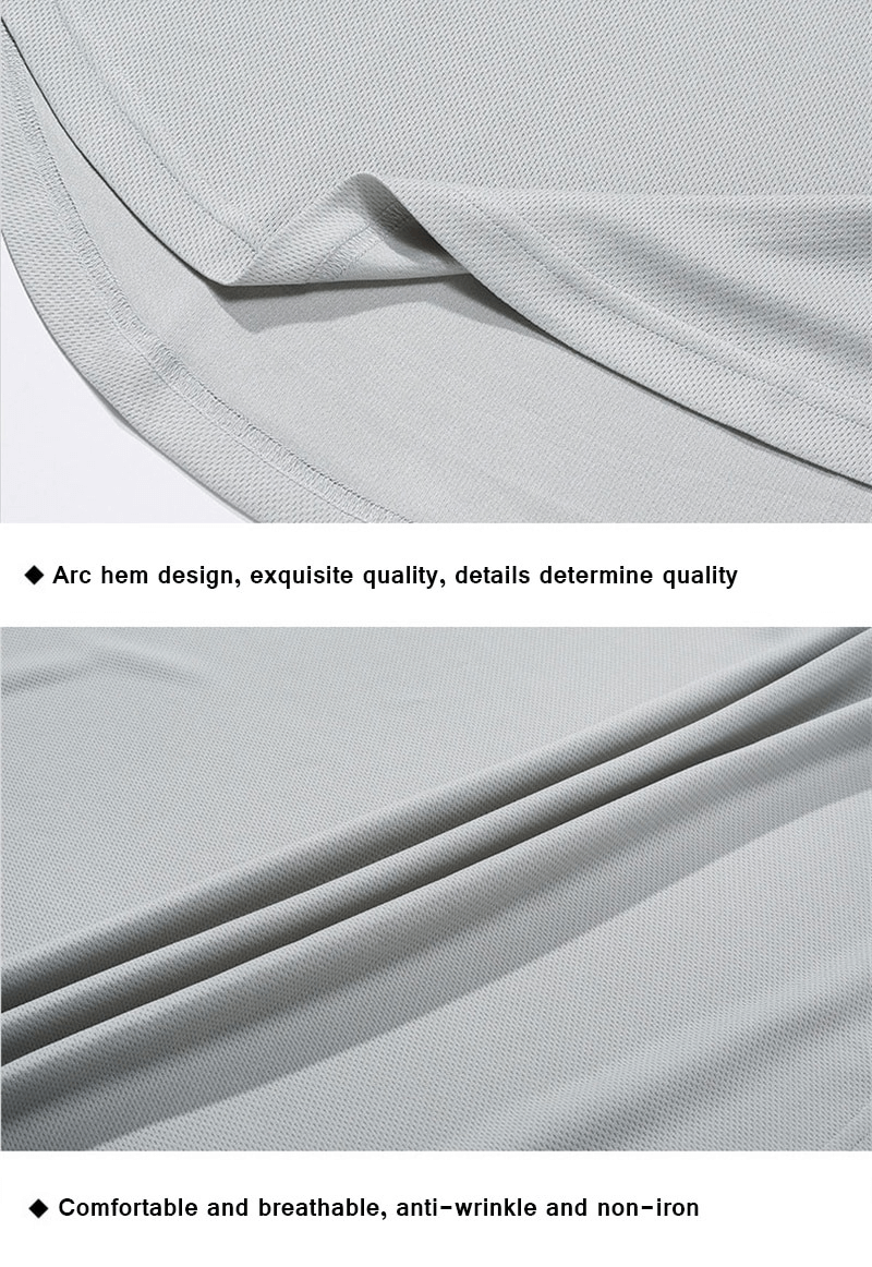 Close-up of grey sports quick-drying men's T-shirt fabric with an arc hem design, highlighting its breathable and anti-wrinkle qualities.