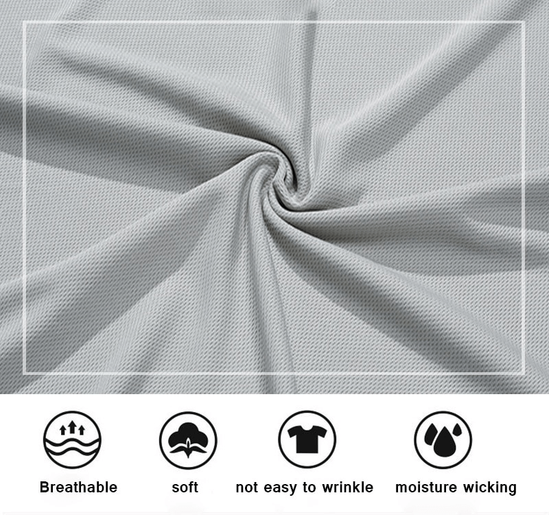 Close-up of breathable, moisture-wicking fabric with icons highlighting softness and durability, perfect for quick-drying sportswear.