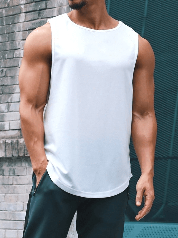 Man wearing a white sleeveless quick-drying sports t-shirt, ideal for gym and outdoor training activities.