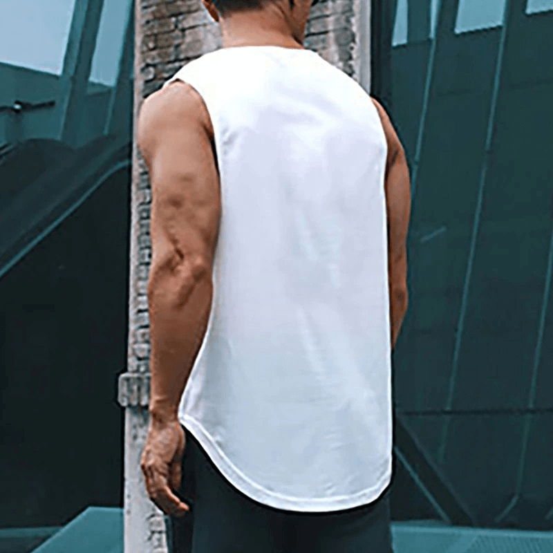Back view of man wearing a white sports quick-drying men's t-shirt for training, ideal for gym and outdoor activities.