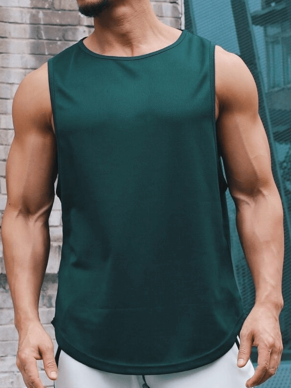Man wearing a dark green quick-drying sports T-shirt ideal for training and various sports activities like gym and running.