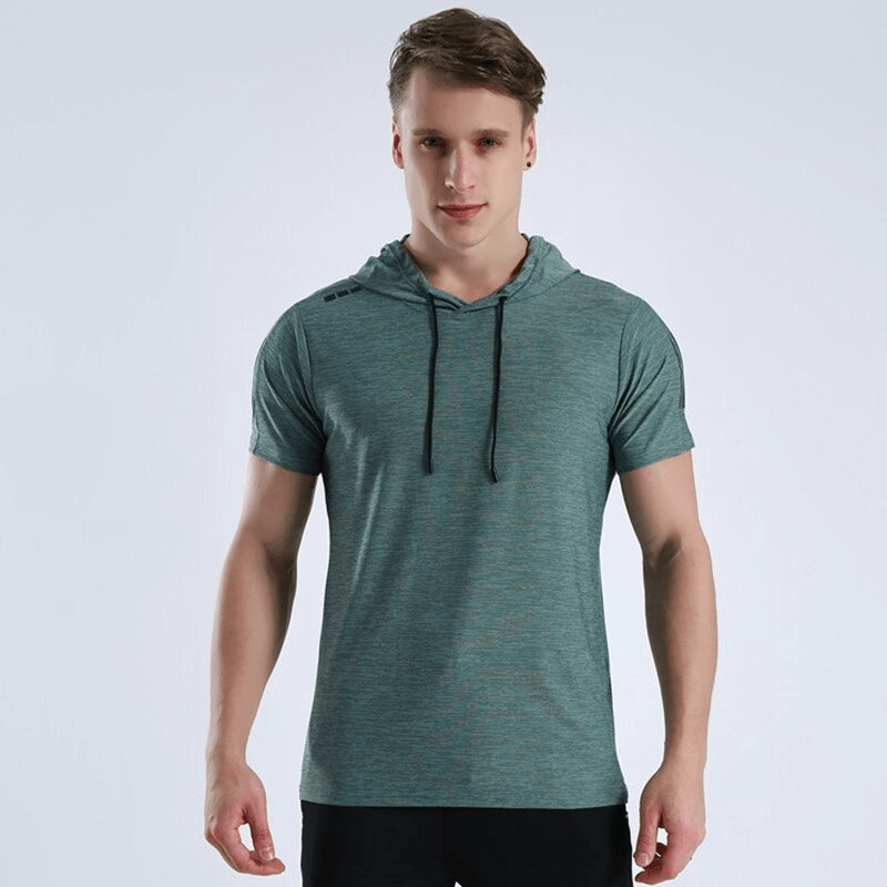 Man wearing a green quick-dry hooded sports running t-shirt, perfect for workouts and training, featuring breathable polyester material.