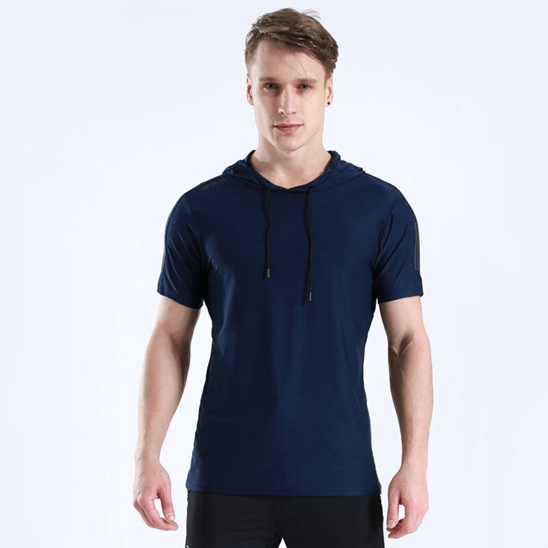Man wearing navy Sports Running Quick-Dry T-Shirt with Hood, ideal for training, basketball, running. Polyester, breathable, high elasticity.
